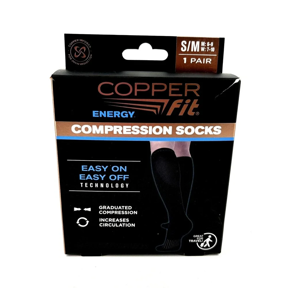 Copper Fit S/M‎ Energy Compression Black Socks Men 6-9 Women 7-10 NIB